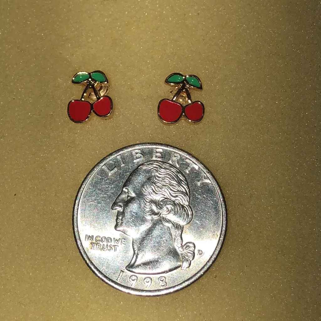 Gold Tone Red Enamel Cherry Dainty Boho Stud Earrings - Image 5