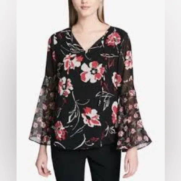 Calvin Klein Black and Red Patterned blouse XL - Image 6