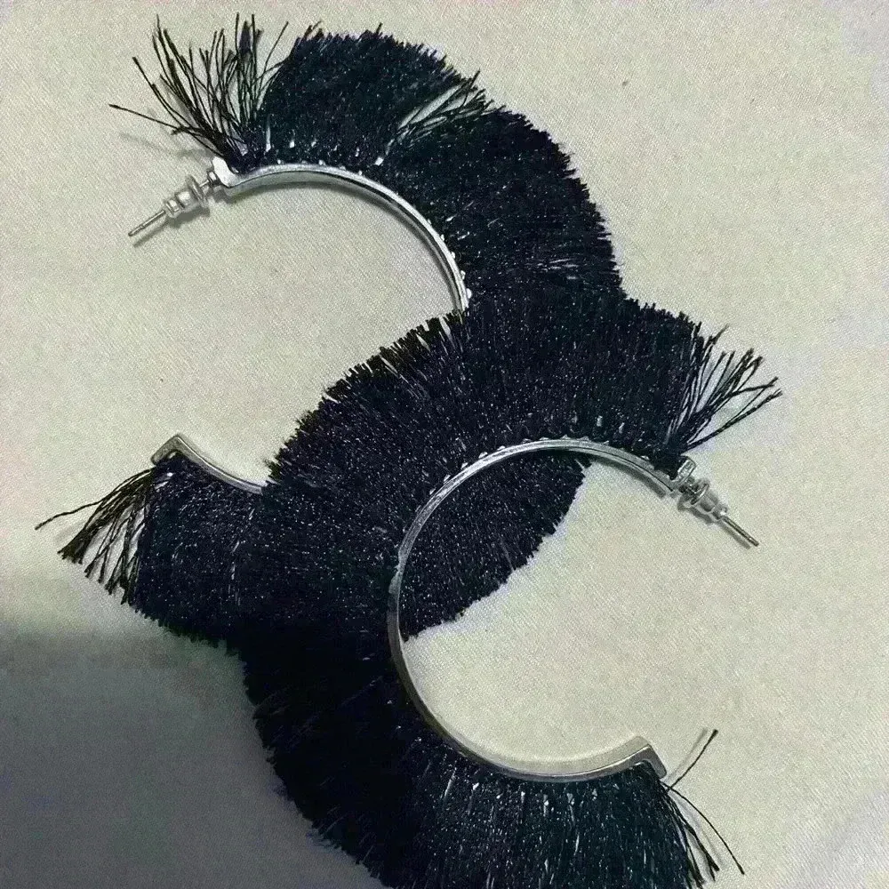 𝅺BOHEMIAN Black Tassel Earrings Geometric Stud Earring Fashion Statement - Image 2