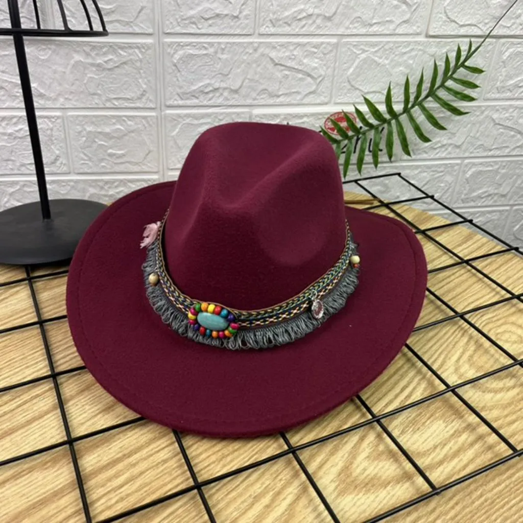 Maroon, Red Western Cowboy, Cowgirl Hat, Bead Tassle Strap, Men Women Wide Brim‎ - Image 2