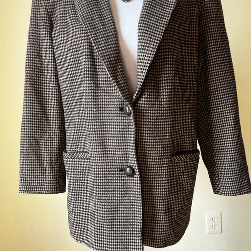 Vintage Chelsea Cambell‎ Petites Wool & Camel Hair Houndstooth Blazer Jacket 12P Tan - Image 3
