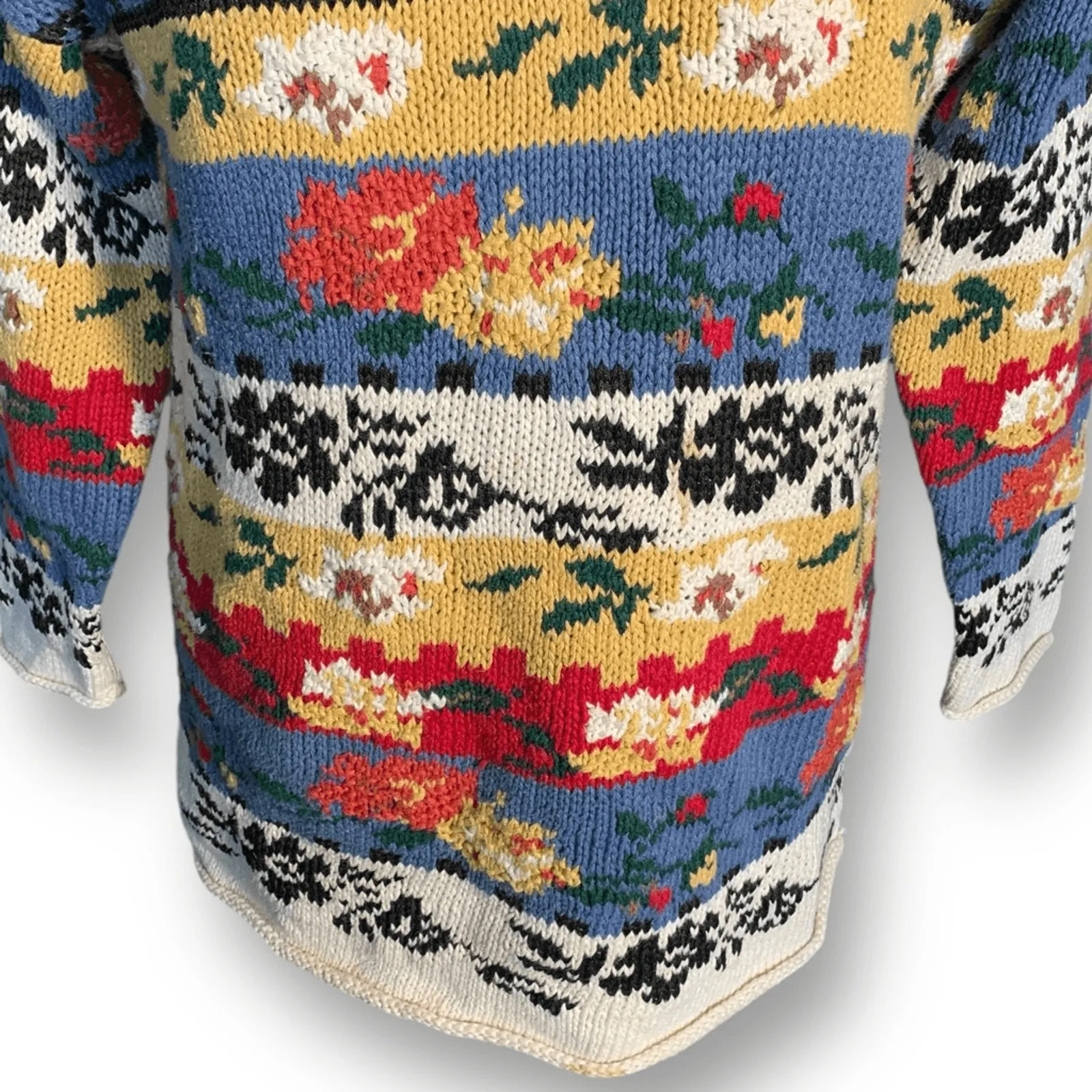 Vintage 90s Forenza Floral Stripe Knit Sweater Blue Red Oatmeal Small Eclectic - Image 4