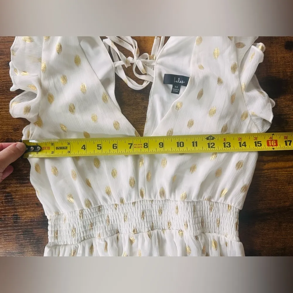 Lulus Cause to Celebrate White and Gold Dot Ruffled Tiered Midi Dress - Size XS - Image 9