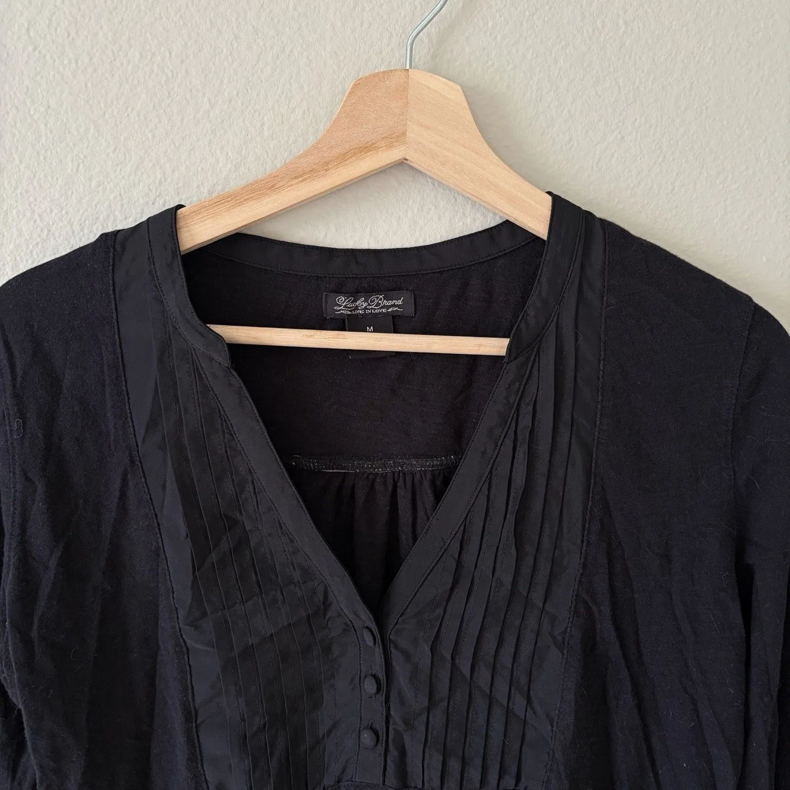 Lucky Brand Peasant Boho Black Long Sleeve Cotton Blouse Top Size M Black - Image 3