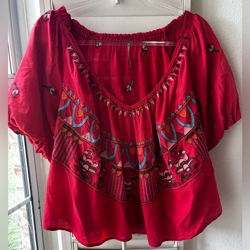 Free People Wind in Her Hair Red Embroidered
Puff Sleeve Blouse Sz M - Image 8