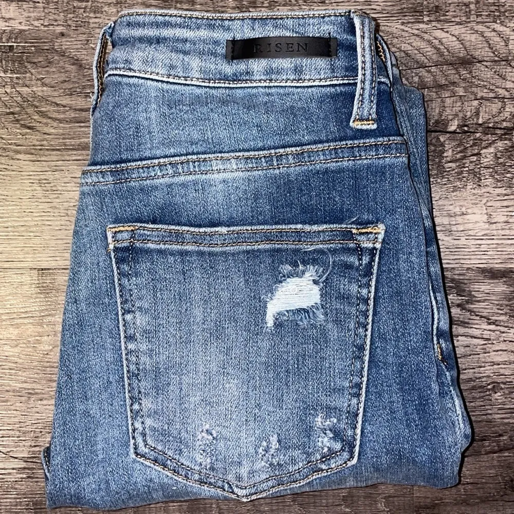 RISEN Jeans Women 25 size 1 Straight High Waisted Distressed Denim Ankle Cropped Blue - Image 12