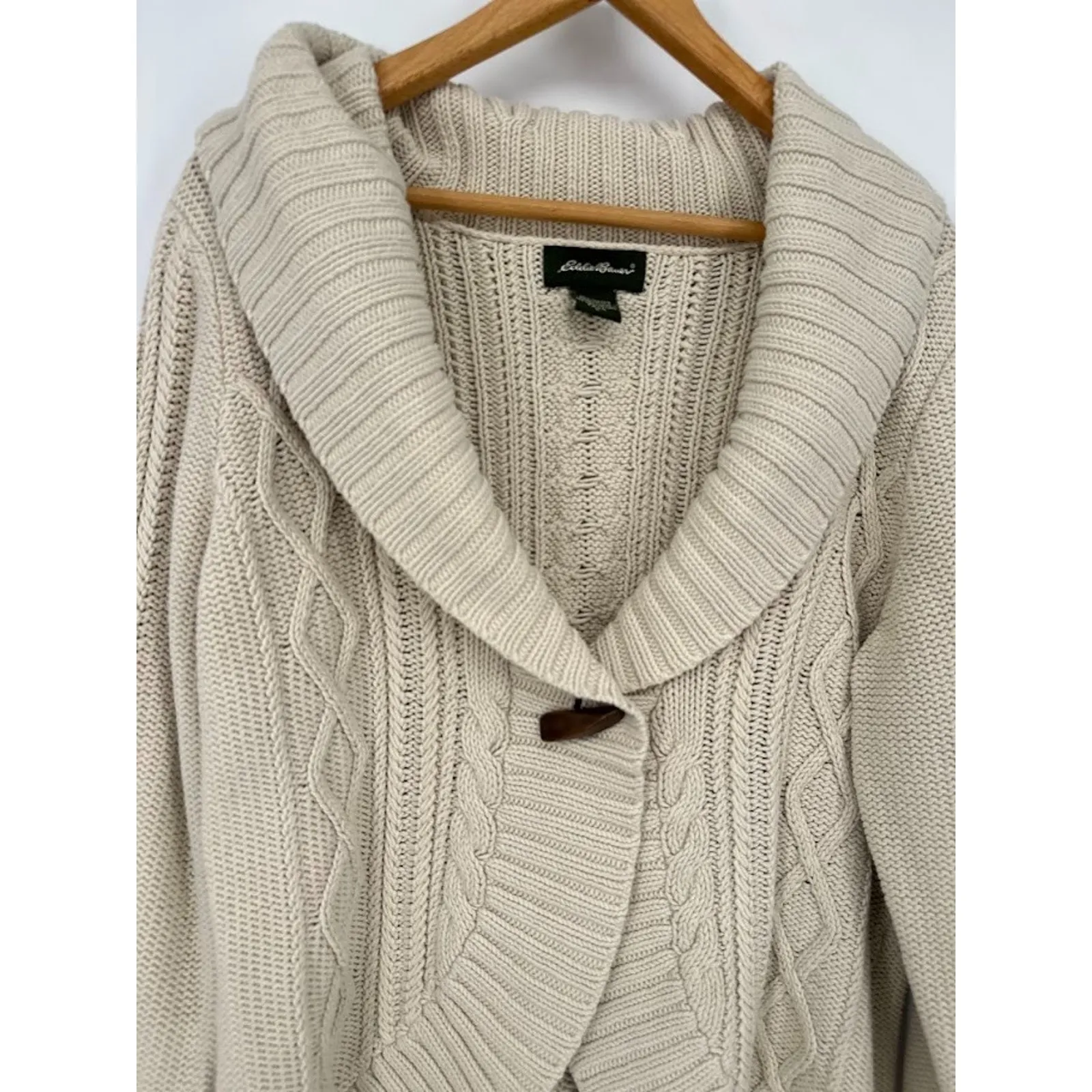 Eddie Bauer Women L Tall Cardigan Sweater Cream Shawl Collar CableKnit Fisherman - Image 2