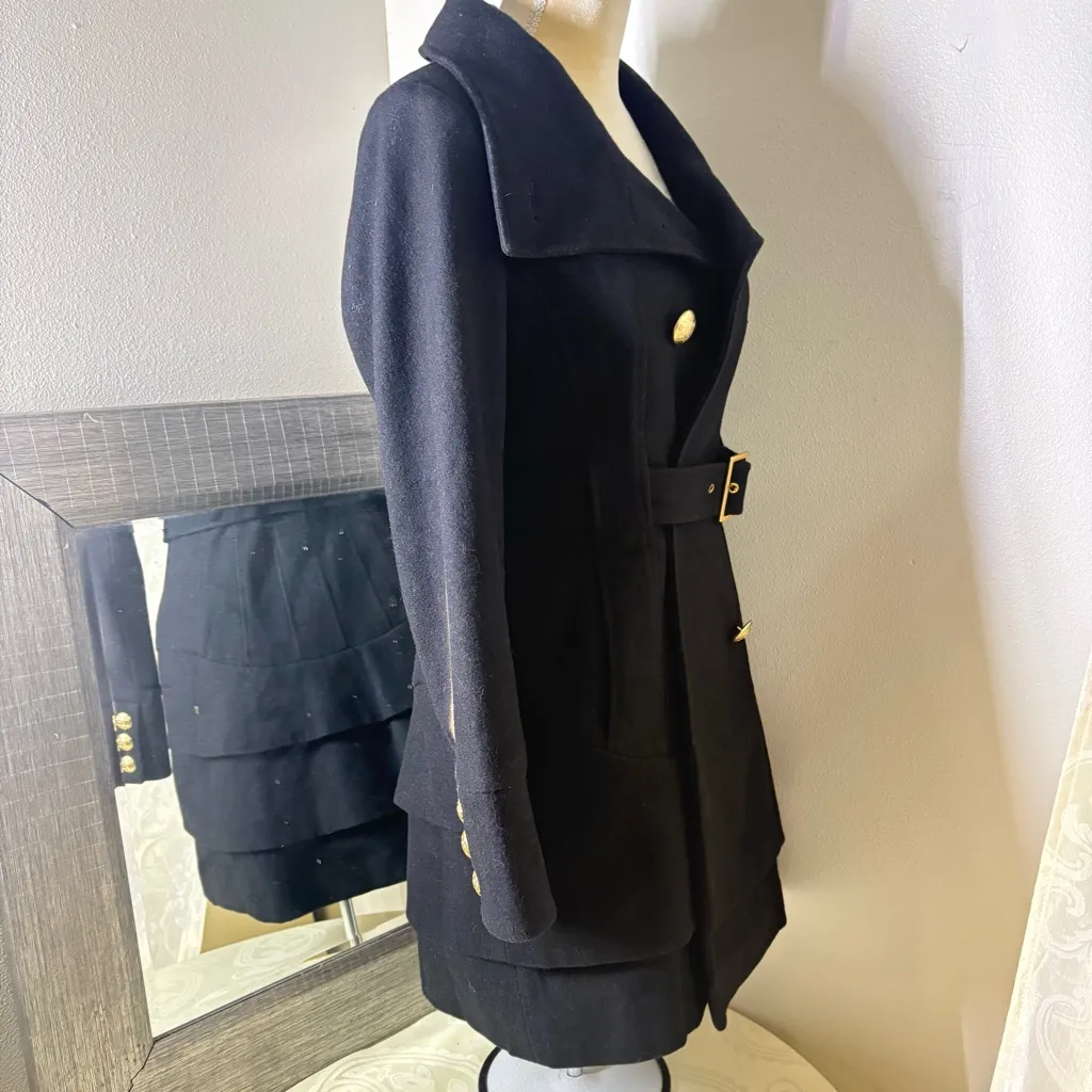 Vintage Guess Black Double Breasted Wool Trench Coat with Gold Accents - Image 7