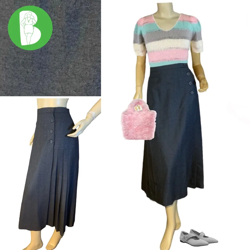 VINTAGE 1980'S SAKS FIFTH AVENUE GRAY PLEATED WOOL MIDI SKIRT (16) - Image 2