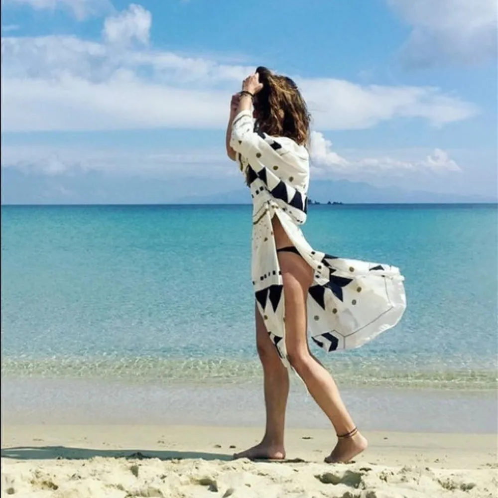Aztec Tribal Geometric Boho Swim Beach Coverup White Size undefined - Image 3