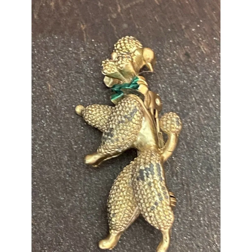 Dancing Poodle Lapel Pin Moveable Head Green Eyes Gold Tone *Issues* - Image 3