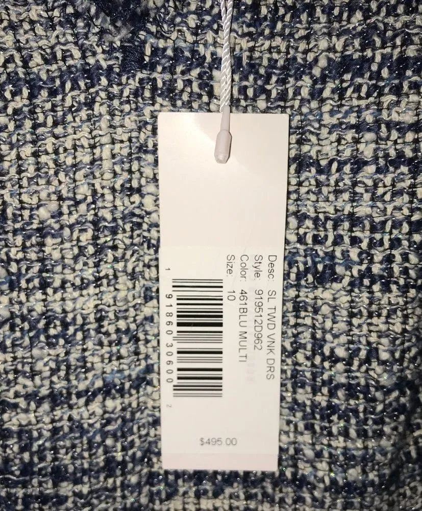 Rebecca Taylor Dress Sleeveless Tweed V-Neck Frayed Edges Blue Cream Sz 10 NWT - Image 6