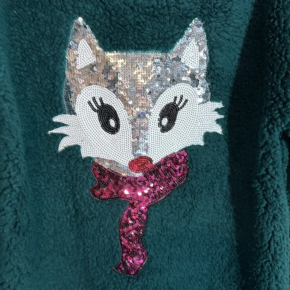 Time and Tru Green Fuzzy Fleece Sweater Sequin Fox Head Christmas Holiday Large - Image 2
