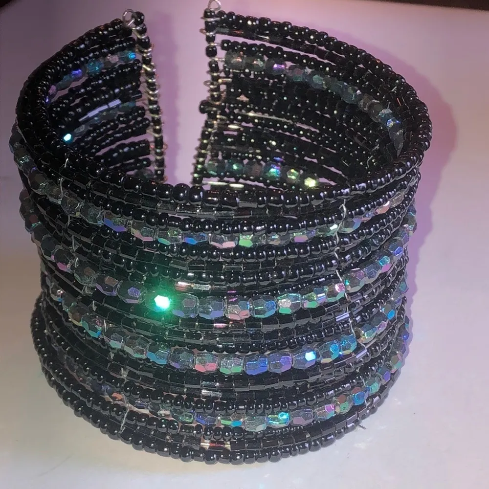 Black AB Rainbow Coated Seed Bead Beaded Boho Wide Cuff Bracelet - Image 2