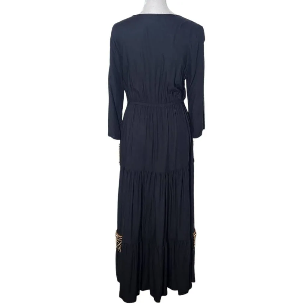 Venus Black Tiered Boho Maxi Dress Size 4 Black Embroidered Beaded Boho Dress - Image 3