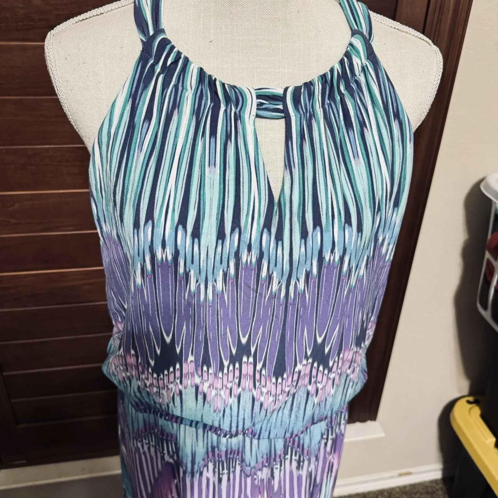 Chicos Jill Ikat Maxi Dress Sz 1/M Purple Blue Chevron Stripe Halter Sleeveless - Image 2