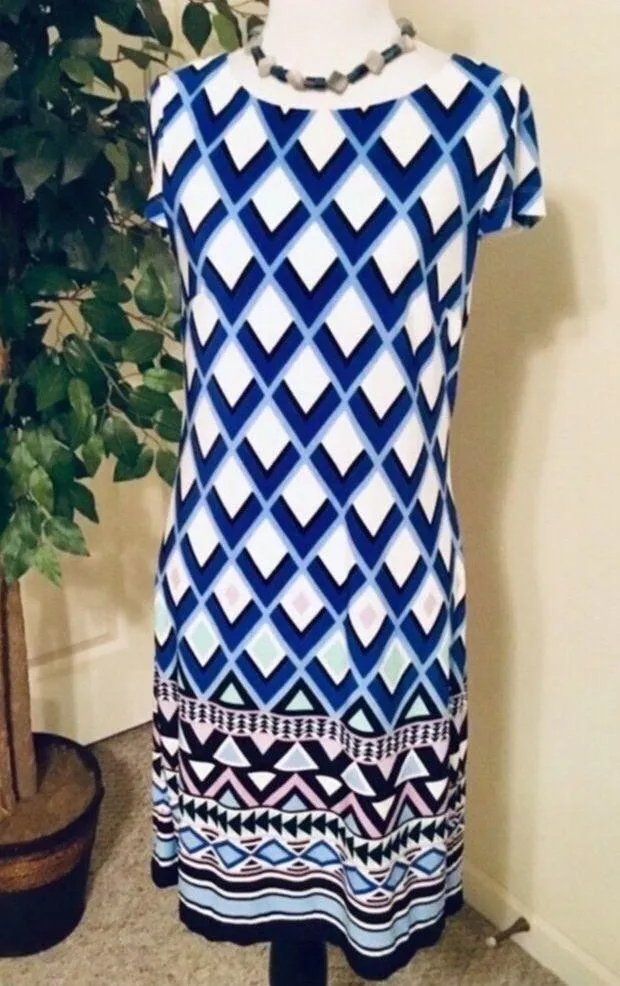 Jessica Howard Blue/White Geometric Casual Career Short Sleeve Stretchy Dress S - Image 2