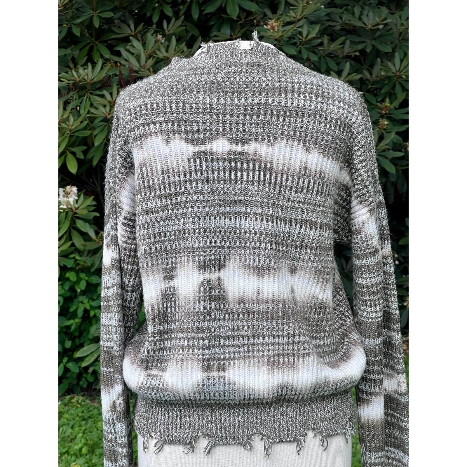 Gray Grey Green White Ivory Tie Dyed Destroyed Frayed Sweater Women's S Small - Image 7
