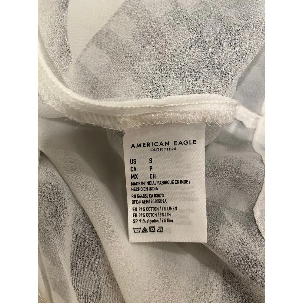 American Eagle Women's Dress S Gingham Check Sleeveless Navy White Cotton Linen - Image 6