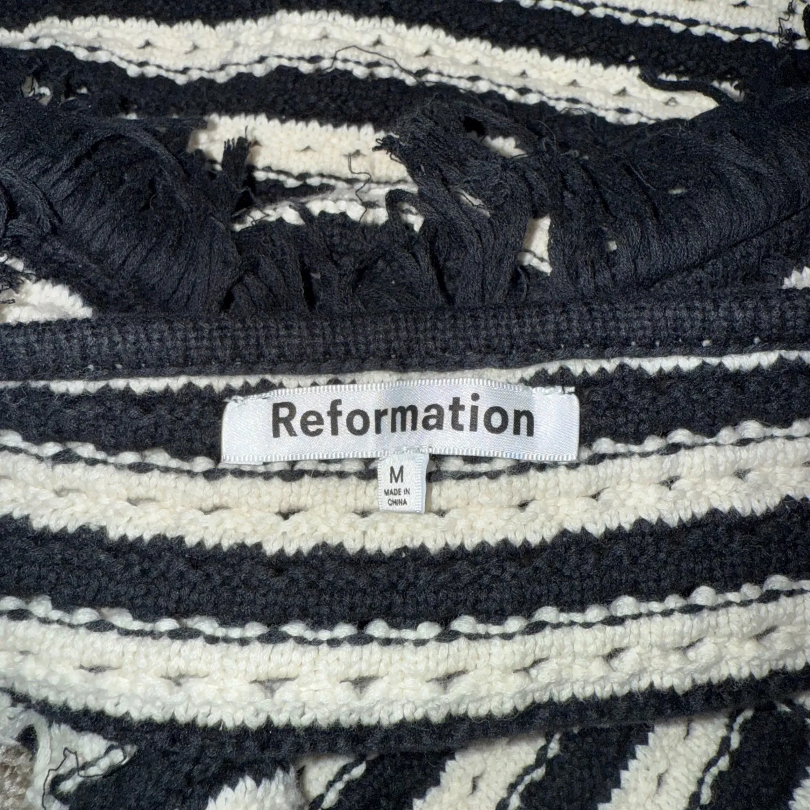 Reformation Laine Open Knit Black White Stripe Crochet Halter Fringe Crop Top M - Image 5