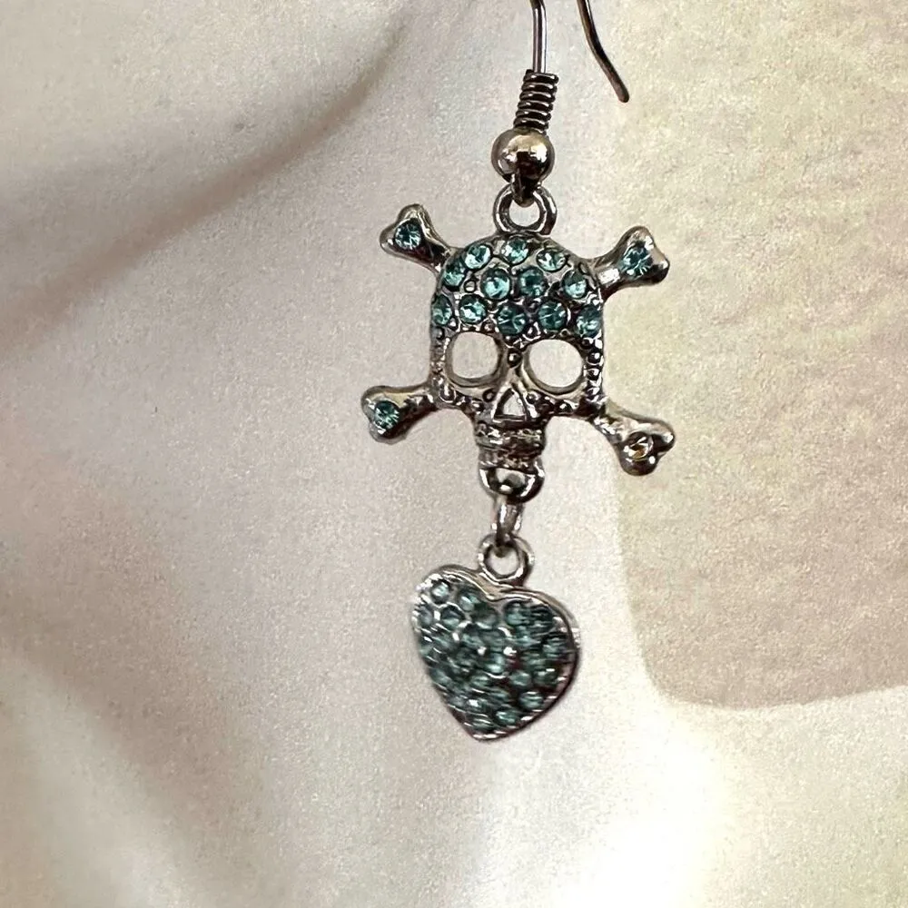 Blue skull and heart rhinestone drop earrings - Image 6