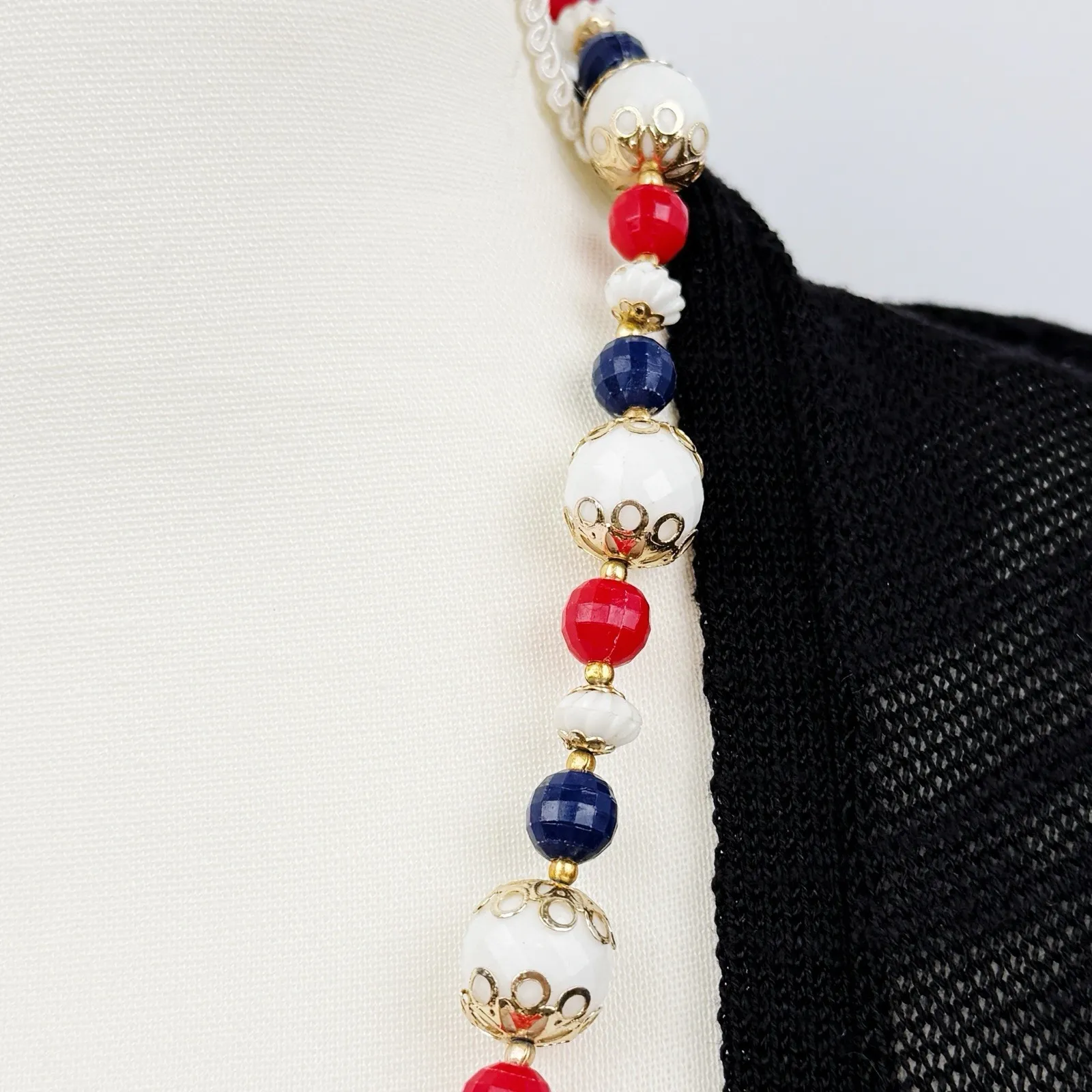Vintage Red White Blue Beaded Necklace Gold Filigree Caps Patriotic Hong Kong - Image 3