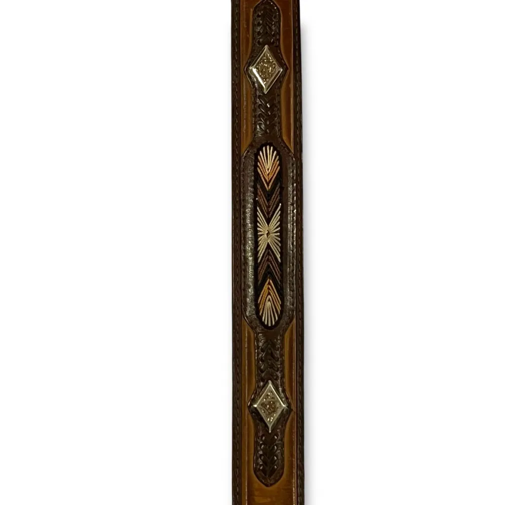 Tan Brown Leather Western Belt Silver Tone Buckle Embroidered Starbursts 3 - Image 4