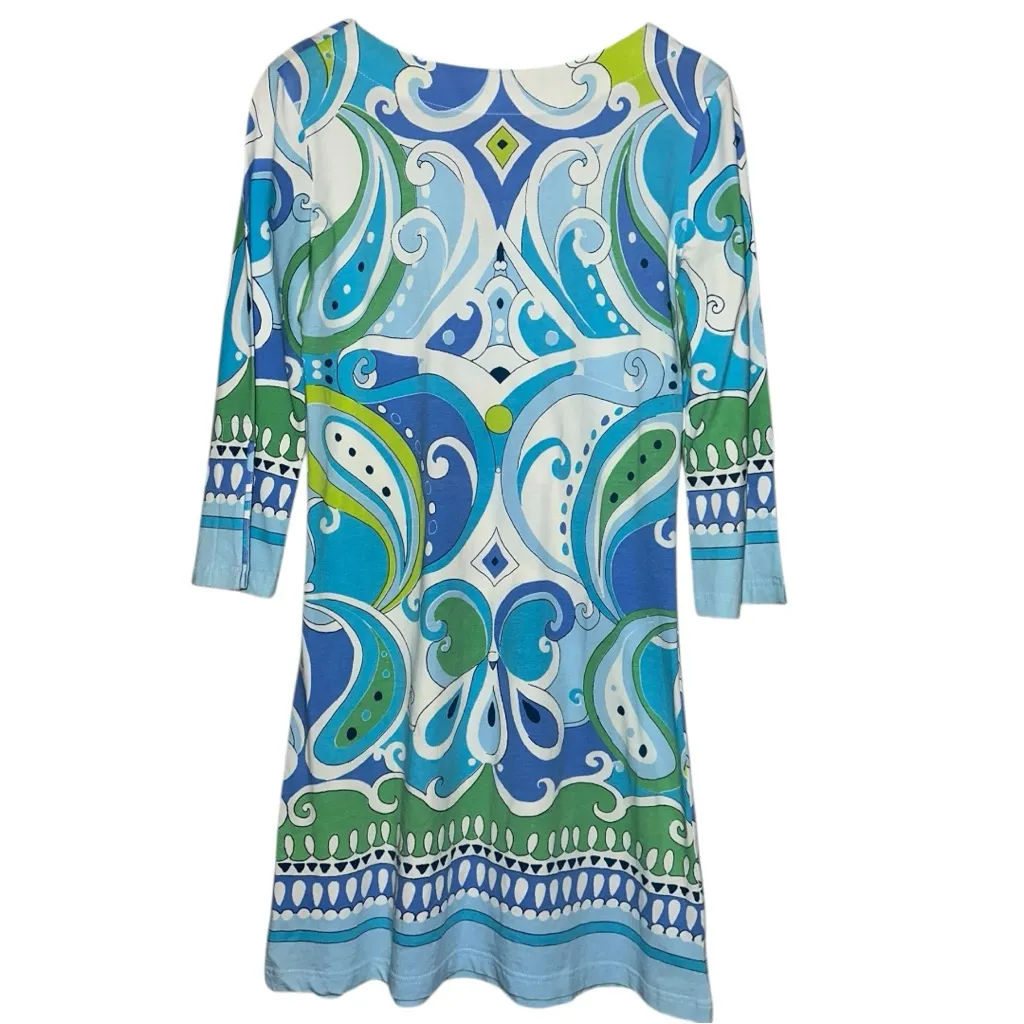 Barbara Gerwit Women’s Size S Blue White Green Abstract Geo Knit V - Image 2