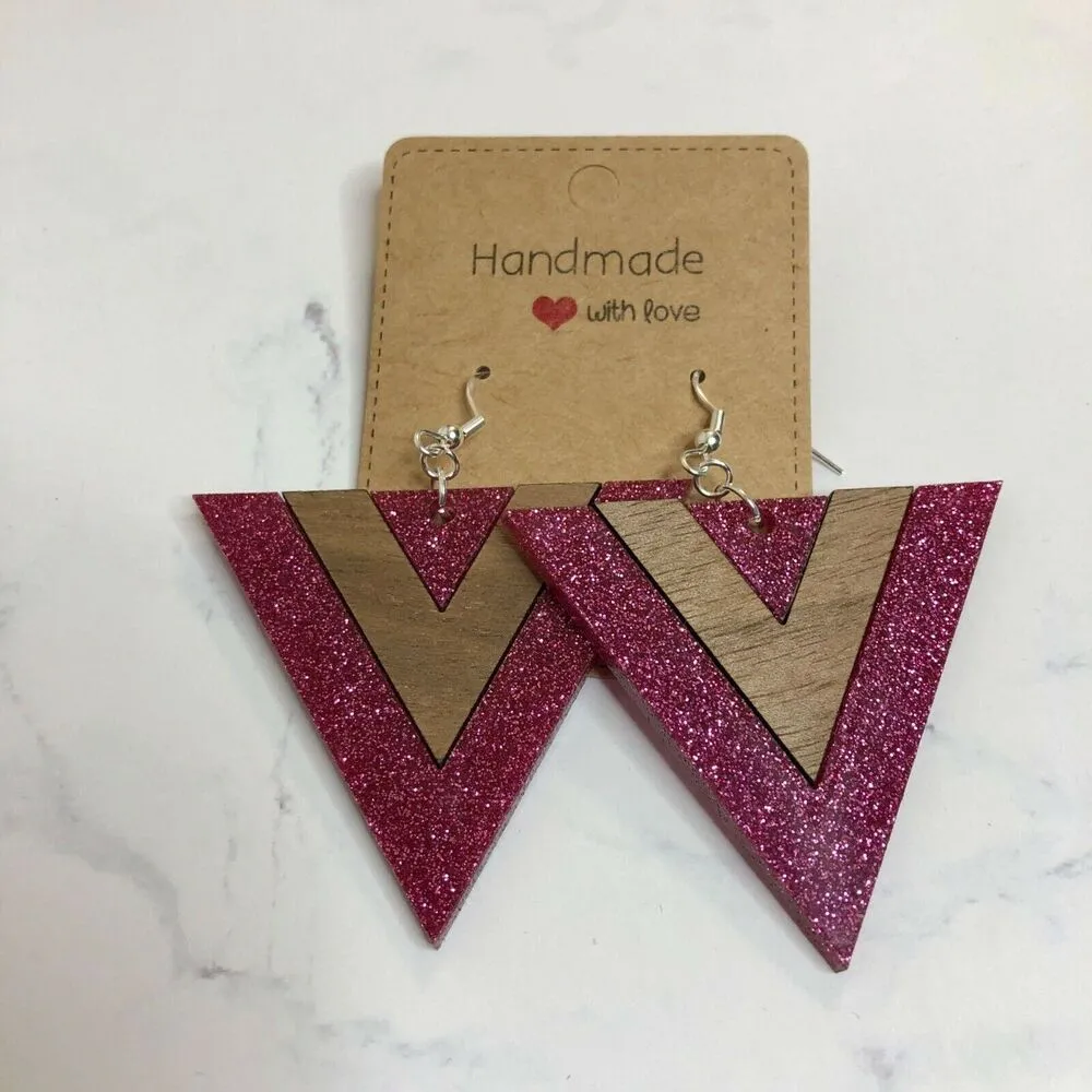 Handmade Pink Glitter Walnut Triangle Dangle Earrings - Image 2