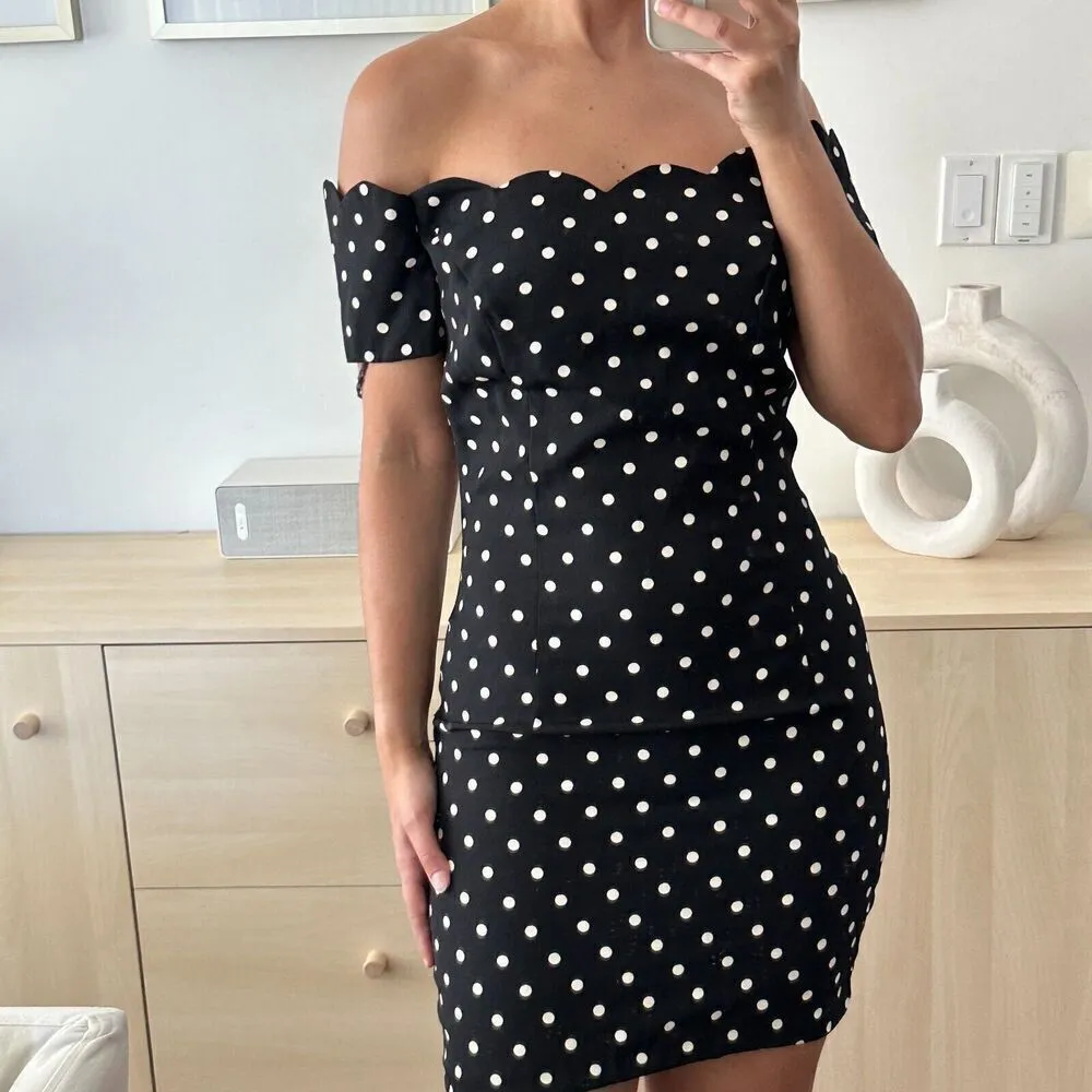 Vintage Polka Dot Dress Womens Small 90s Mini Bodycon Retro Pinup Off Shoulder Black - Image 3