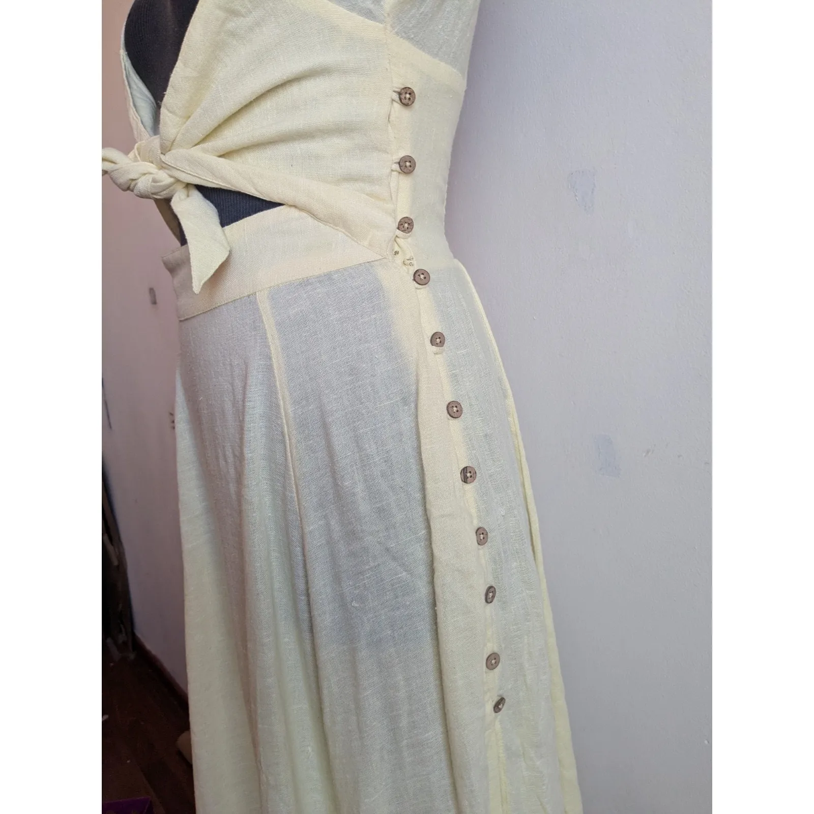 FREE PEOPLE The Getaway Midi Maxi Dress Smocked Cut Out Cotton Yellow Size XS - Image 5