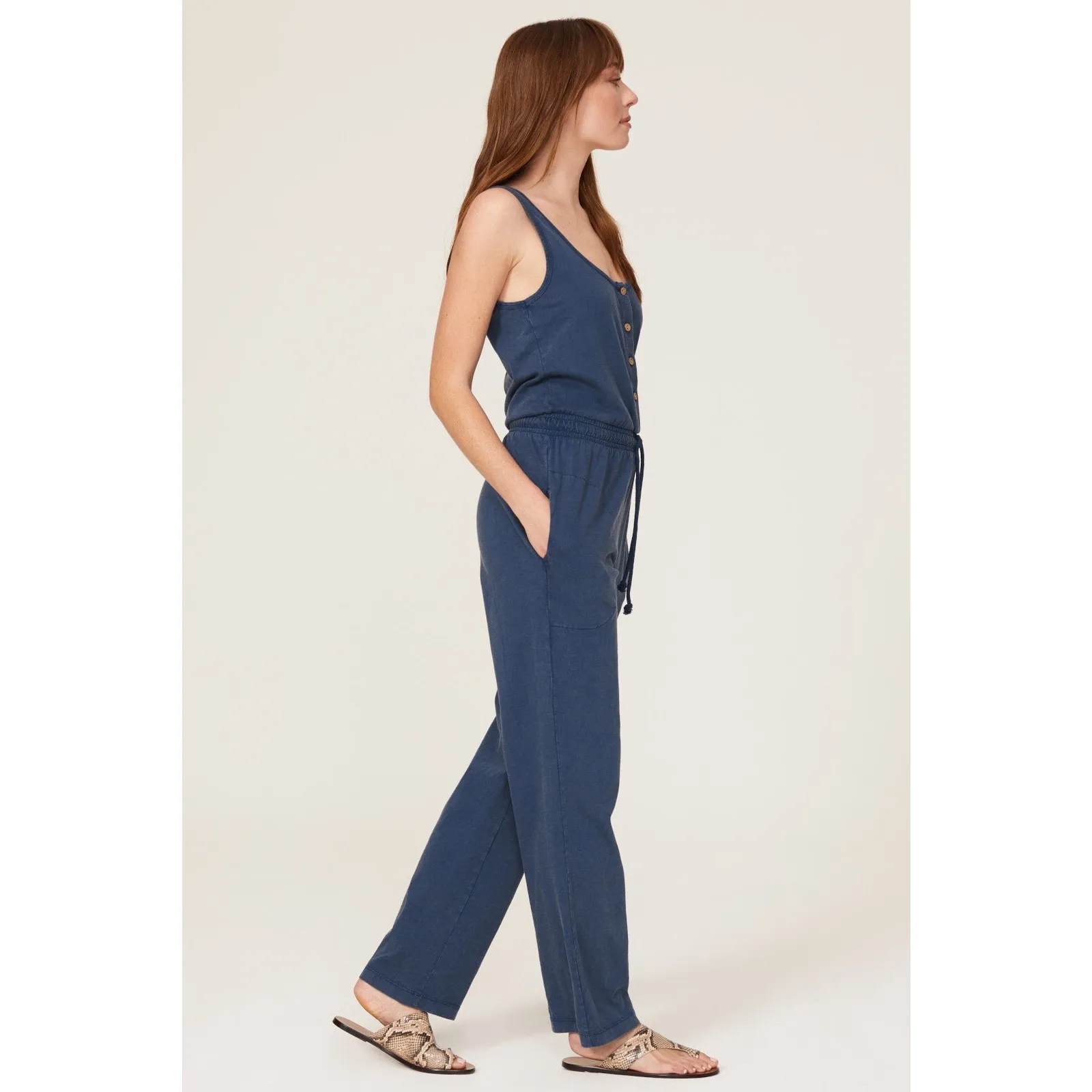 Faherty Terra Blue Drawstring Waist Sleeveless Scoop Neck Straight Jumpsuit M - Image 4