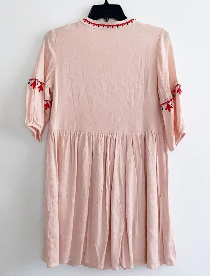 Embroidered Bohemian Tassel Baby Doll Dress Pink - Image 2