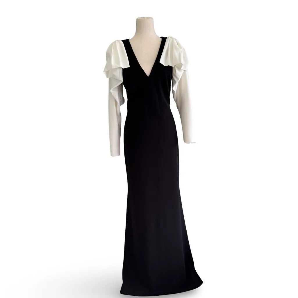 Tadashi Shoji Black/White Long Sleeve Dress Black Tie Gala Formal Holiday  sz M - Image 3