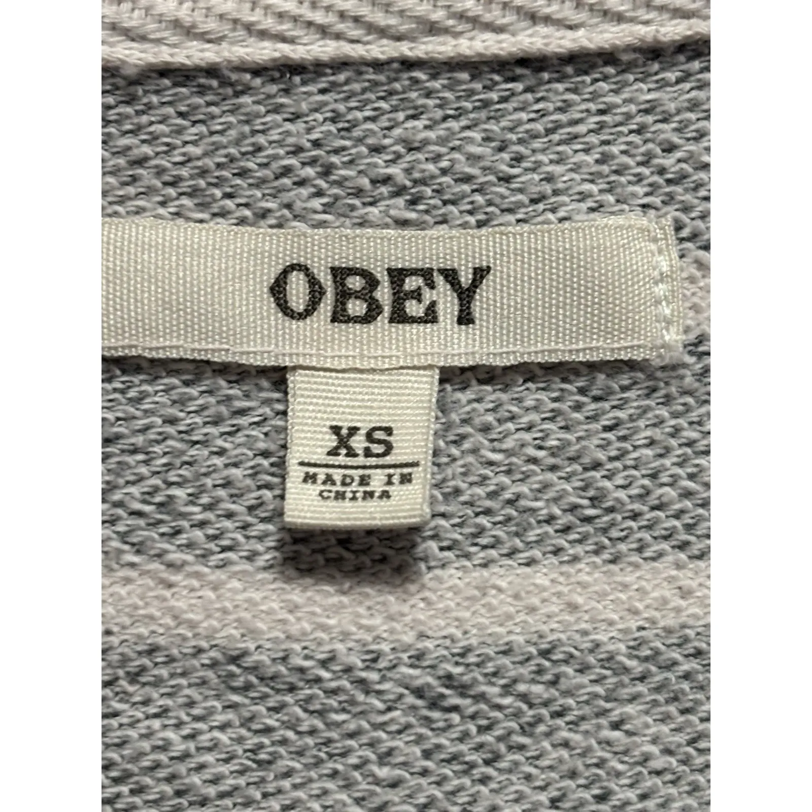 Obey Gray/White Zip Up Sweatshirt Size XS Striped Long Sleeve Embroidered‎ Logo - Image 3