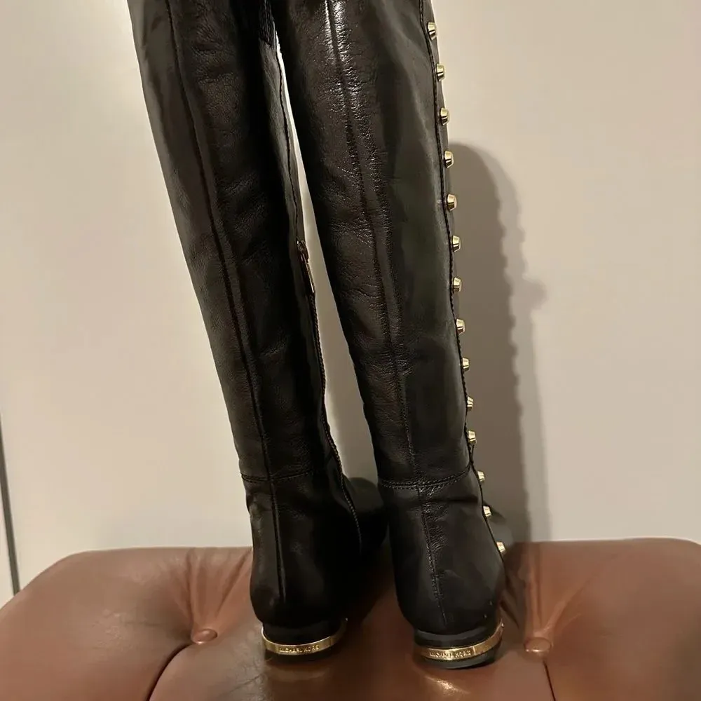 Michael Kors Womens Ailee Riding Boots Black Leather Knee High Studded 6.5 - Image 2