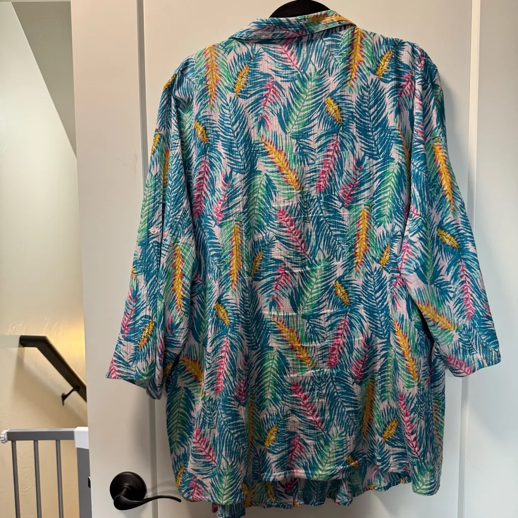 WomanWithin Oversized Tunic Top Blouse Button Front Tropical Colorful 1/2 Sleeve - Image 5