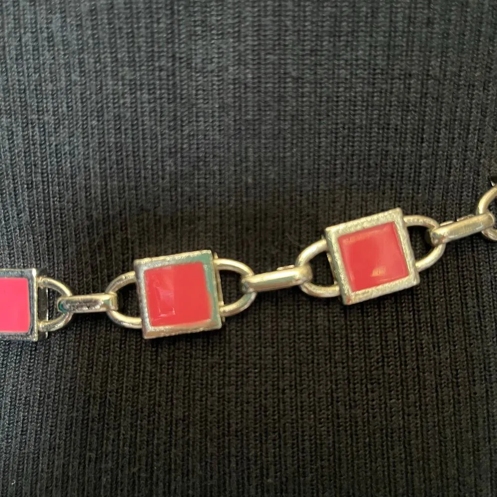 NY Pink Enamel Square Silver Chain Link Womens Belt Sz S 31" Adj Bright Shiny - Image 5
