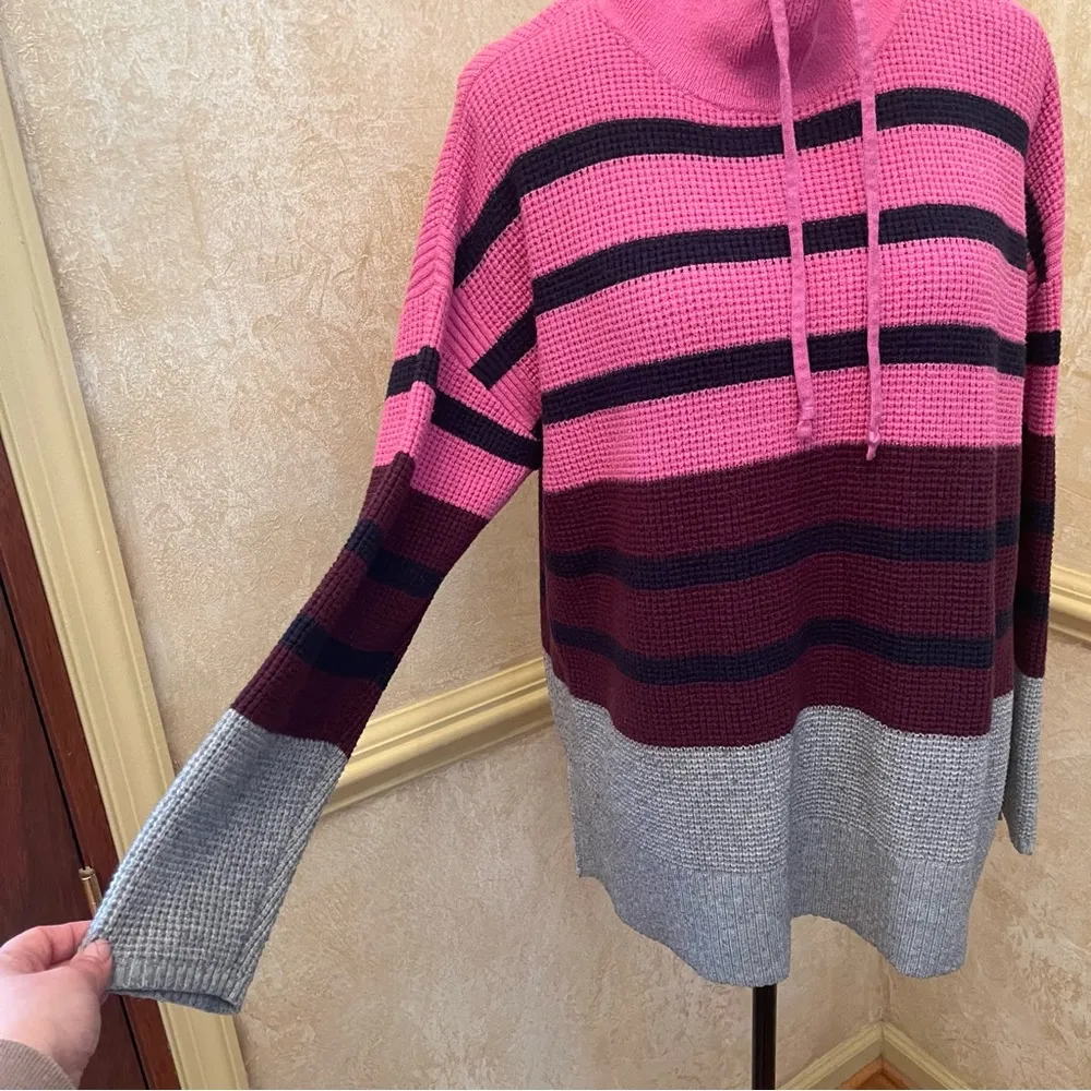 Lou & Grey Striped Wafflestitch Turtleneck Sweater pink gray Sz XL - Image 4