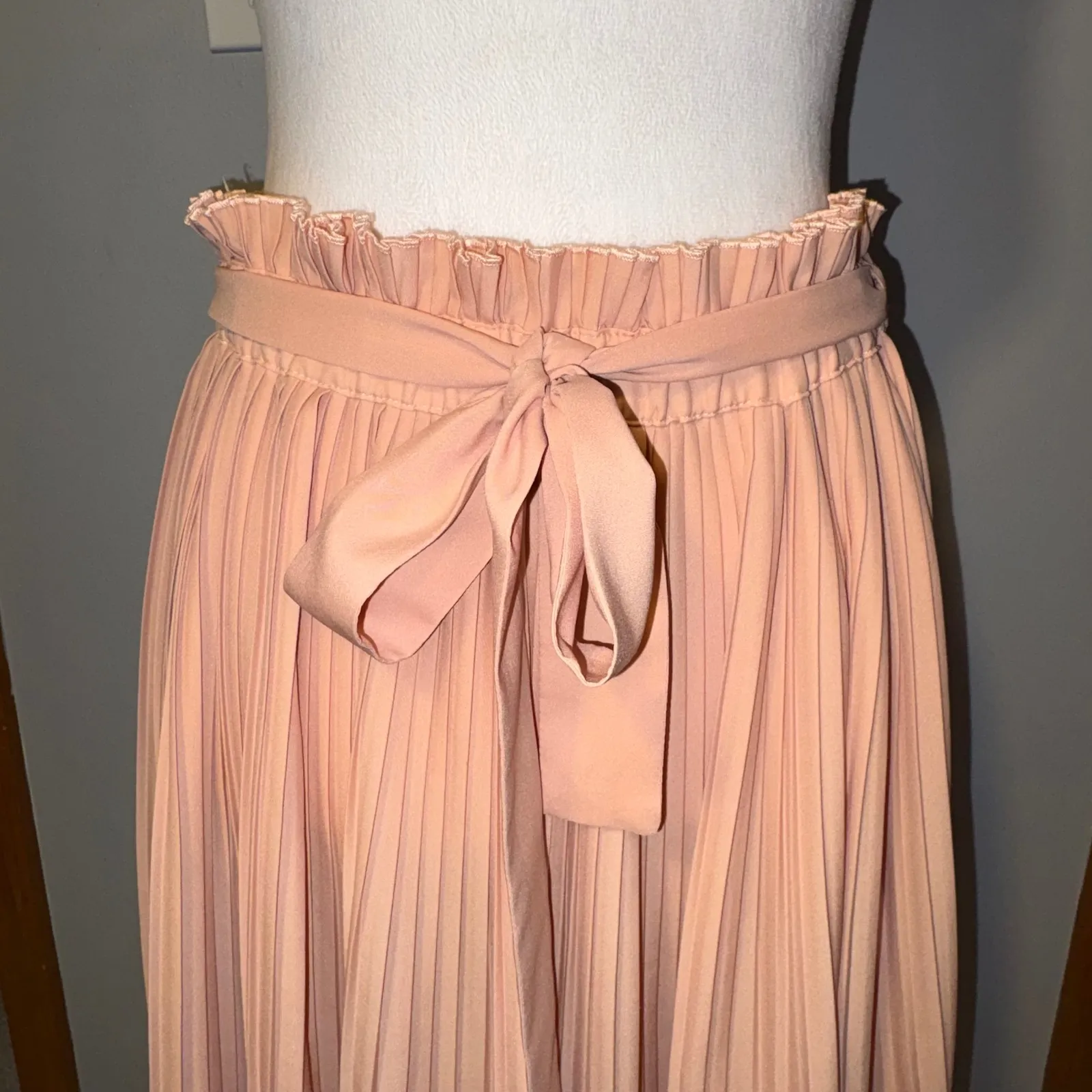 Hunter Dixon Anthropologie blush pink Pleated Midi Skirt Paperbag Waist Tie XS - Image 3