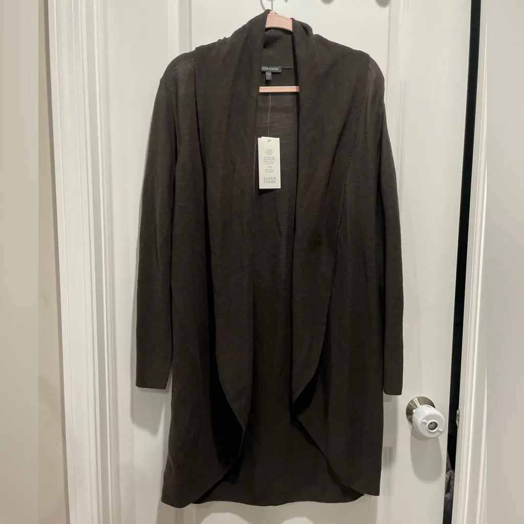 Eileen Fisher Merino Wool Dark Brown Musel Long Oval Cardigan Size Large - Image 2