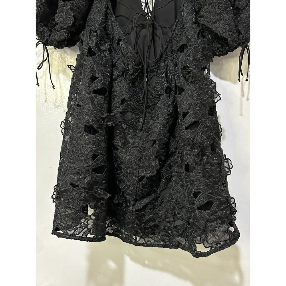 For Love & Lemons Serena Lace Mini Dress Black Size Medium NWT Floral Embroidery - Image 14