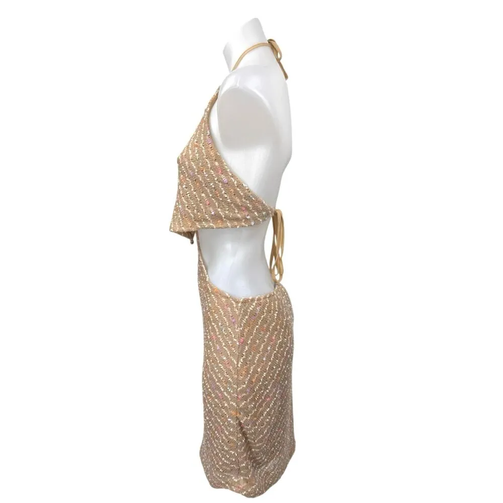 NEW Molly Green Brown Sleeveless Knitted Halter Tie Cutout Mini Pencil Dress L - Image 3