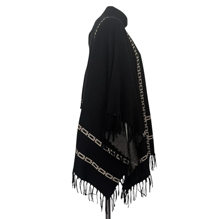 J McLAUGHLIN Black Poncho Hold Chain Link Pattern Mock Neck Fringe One Size Size undefined - Image 3