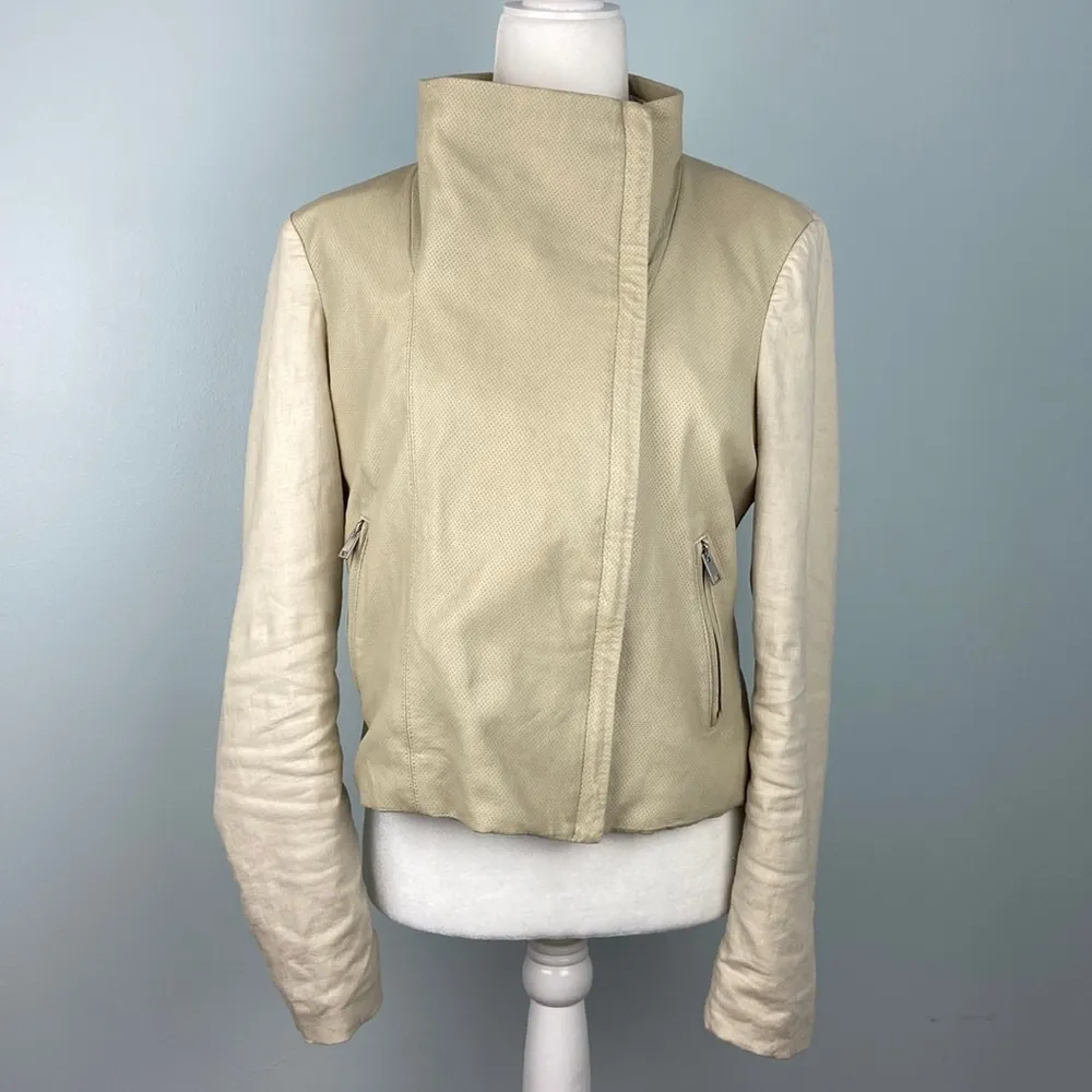 REVOLVE Lamarque Leather/Linen Blend Biker Jacket in Neutrals Size Large - Image 3