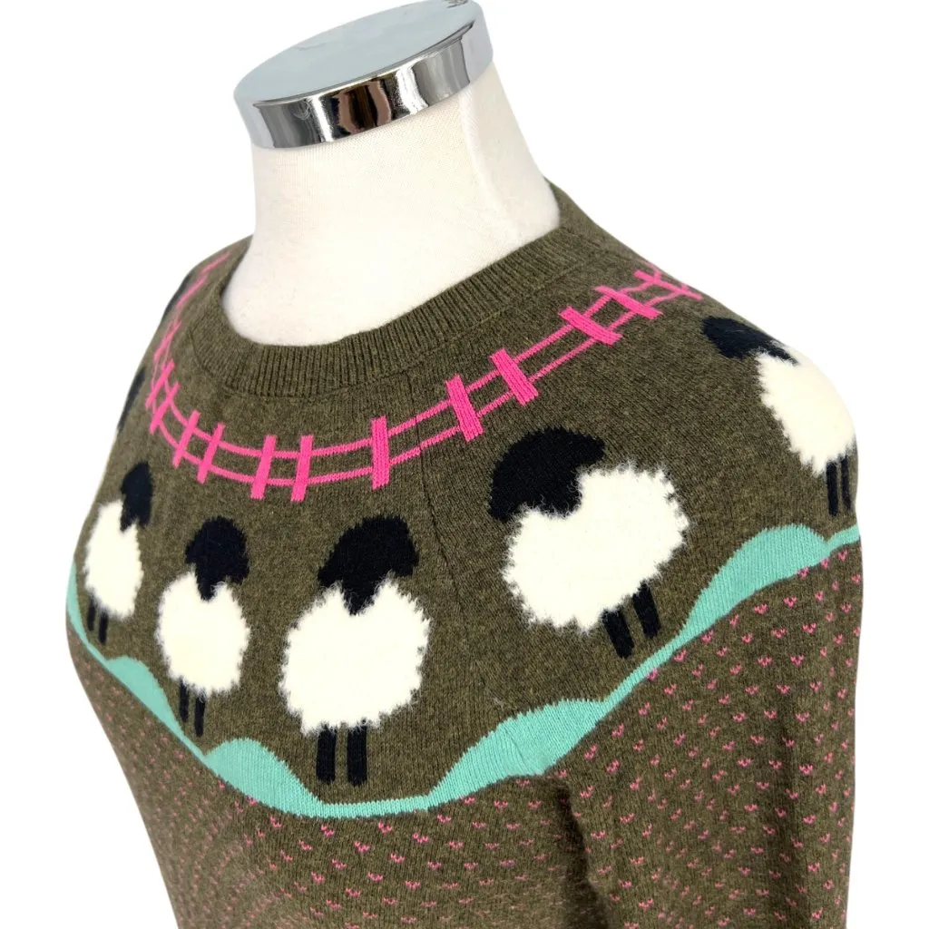 Talbots Sheep Yoke Raglan Crewneck Pullover Green Pink Size Small Petite - Image 3