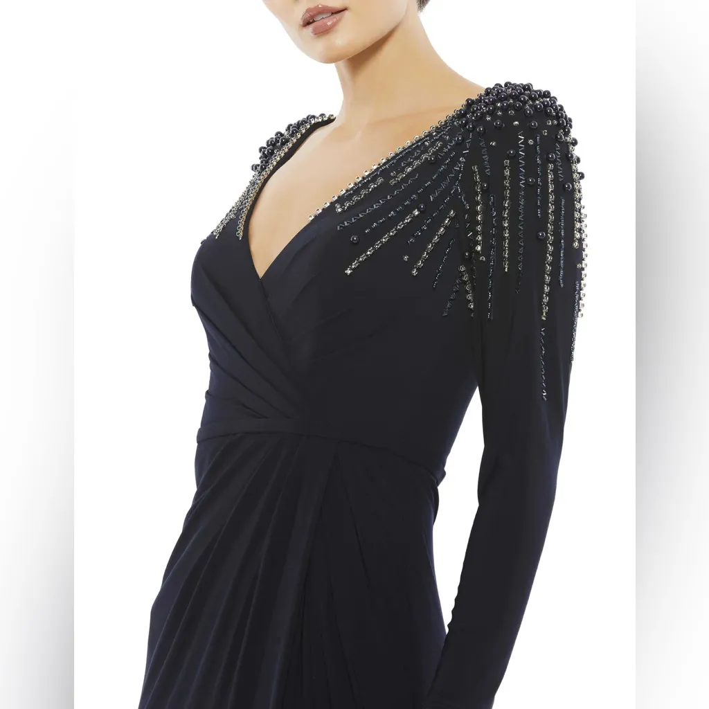 Leena Mac Duggal Long Sleeve Jersey Wrap Gown Dress Embellished V‎ Neck Midnight - Image 2