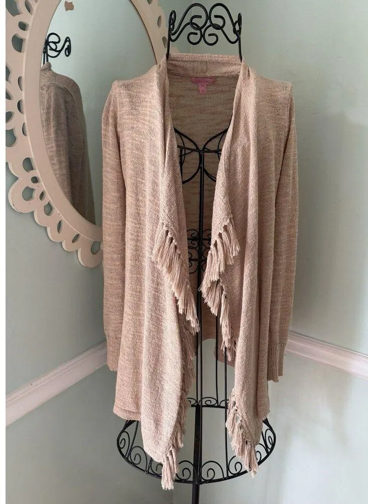 Lilly Pulitzer XXS Lucita Fringe Tassels Cardigan Sweater Tan Boho Festival - Image 3