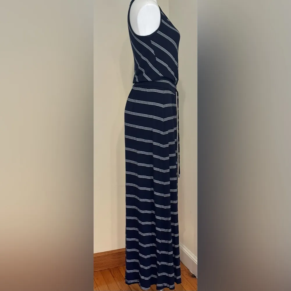 Drop Waist Navy Blue & White Striped Maxi Dress Sz S Tie In Front - Image 5