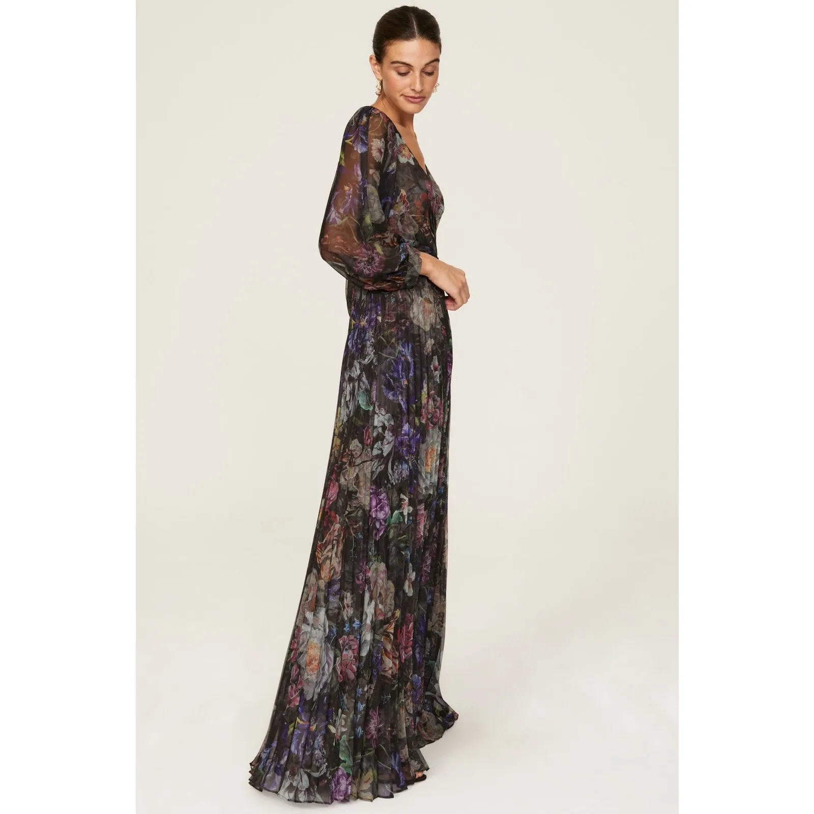 Marchesa Notte Metallic Floral Print Pleated Tulle V - Image 2